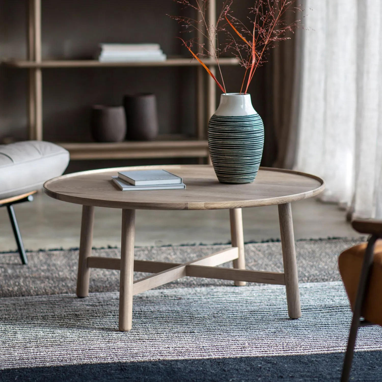 Grey Oak Wood Round Coffee Table 90cm Diameter