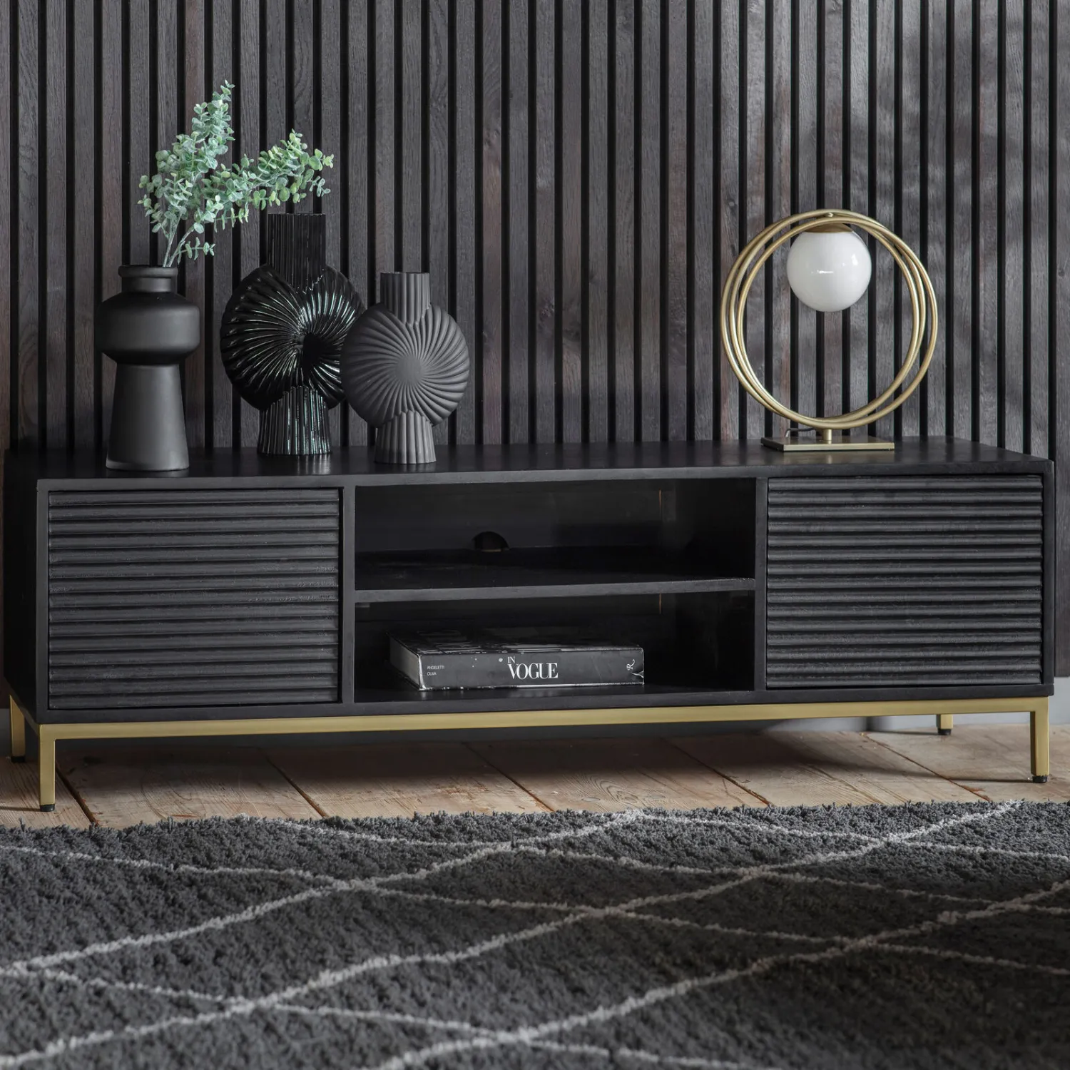 Black Mango Wood Ripple TV Media Unit Gold Legs