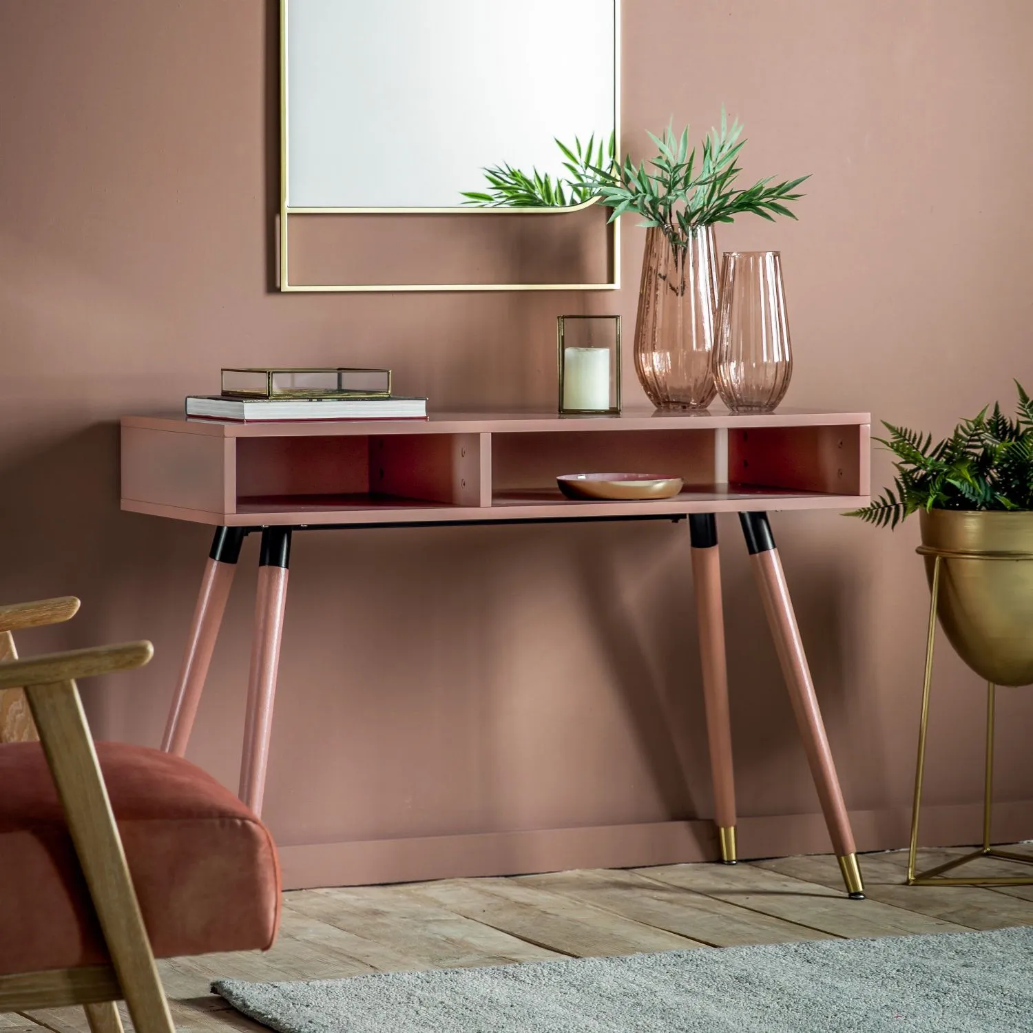 Pink Home Office Console Table Desk with Shelf