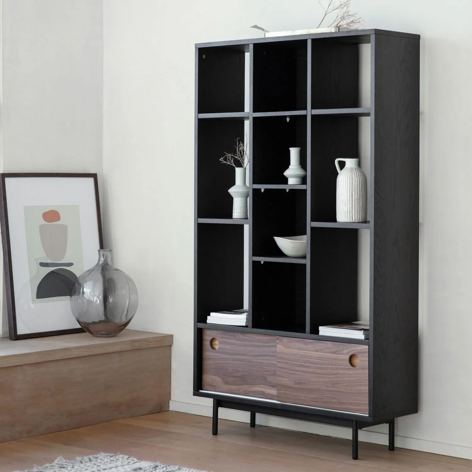 Black And Walnut Wood Open Display Cabinet Metal Legs