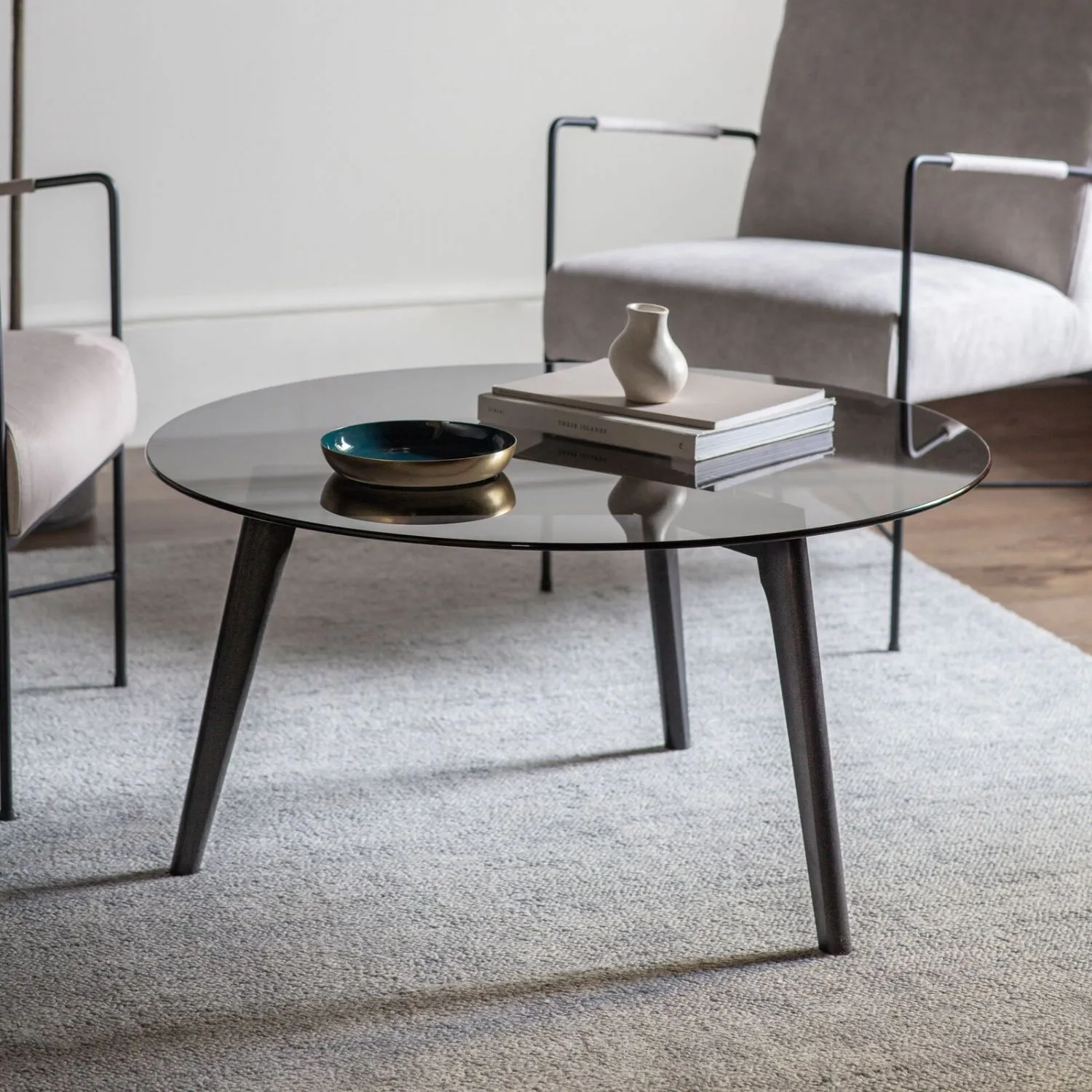 Black Oak Wooden 90cm Round Coffee Table Smoked Glass Top