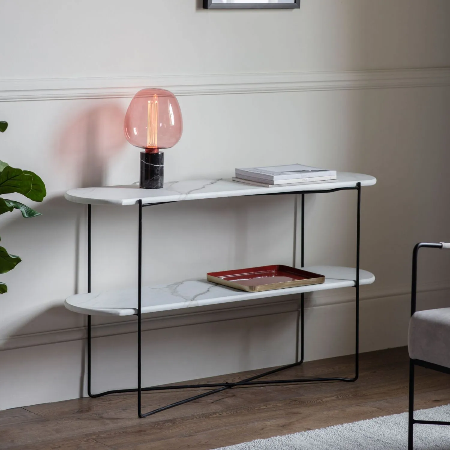 White Faux Marble Effect Console Table Black Metal Base