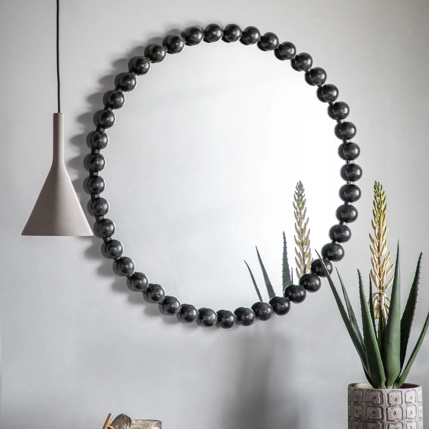 Beaded Frame Round Black Wall Mirror