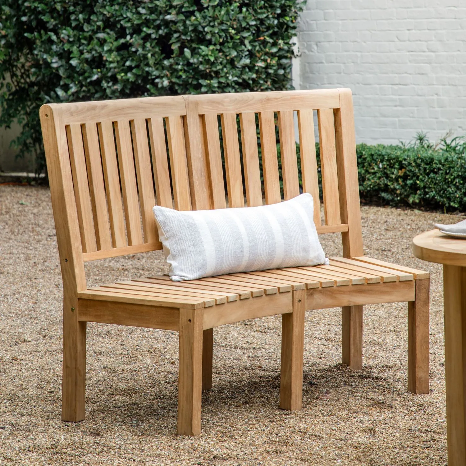 Natural Slatted Teak Wood Curved Tall Back Garden Dining Bench