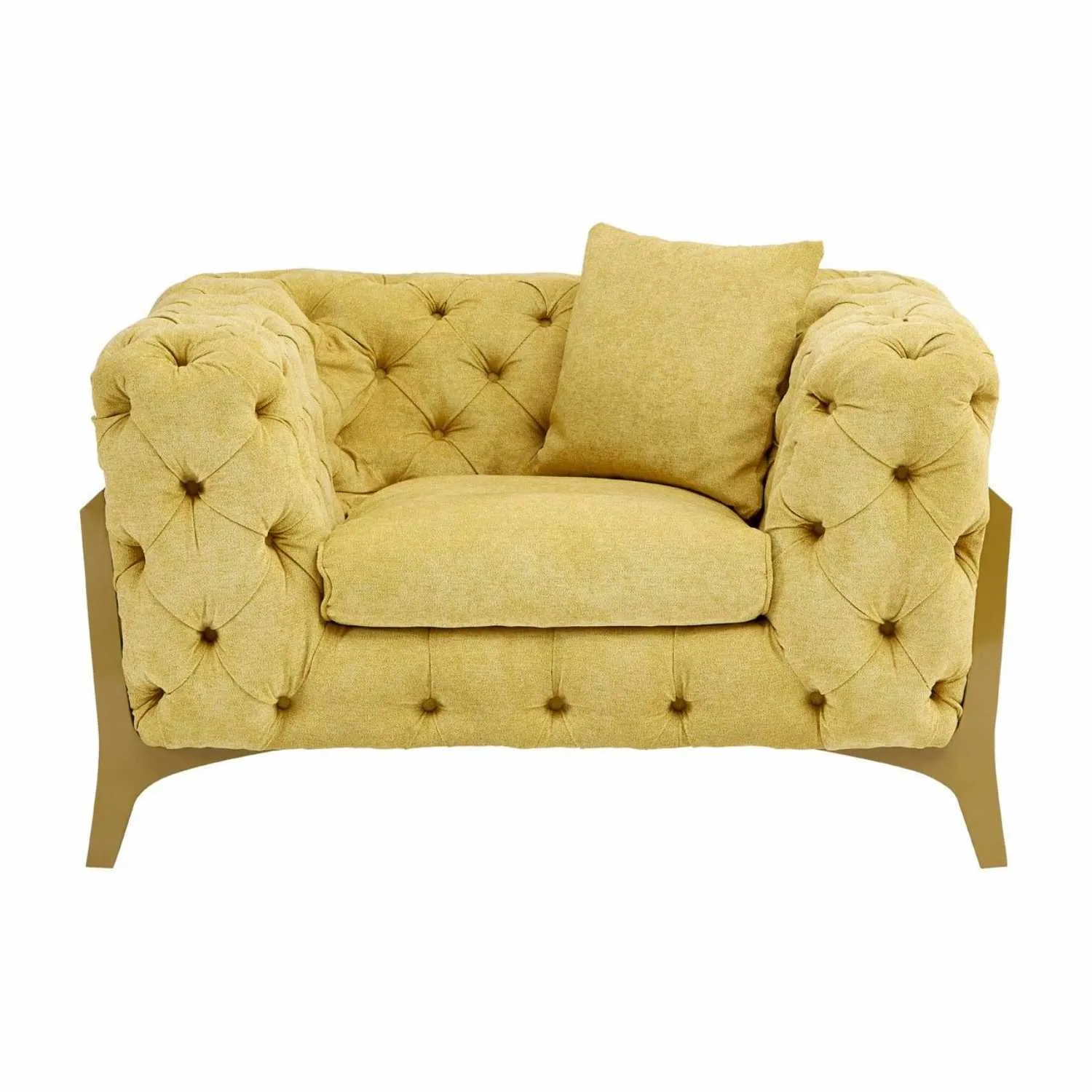 Esme Yellow Fabric Deep Buttoned Armchair With Gold Finish Metal Legs