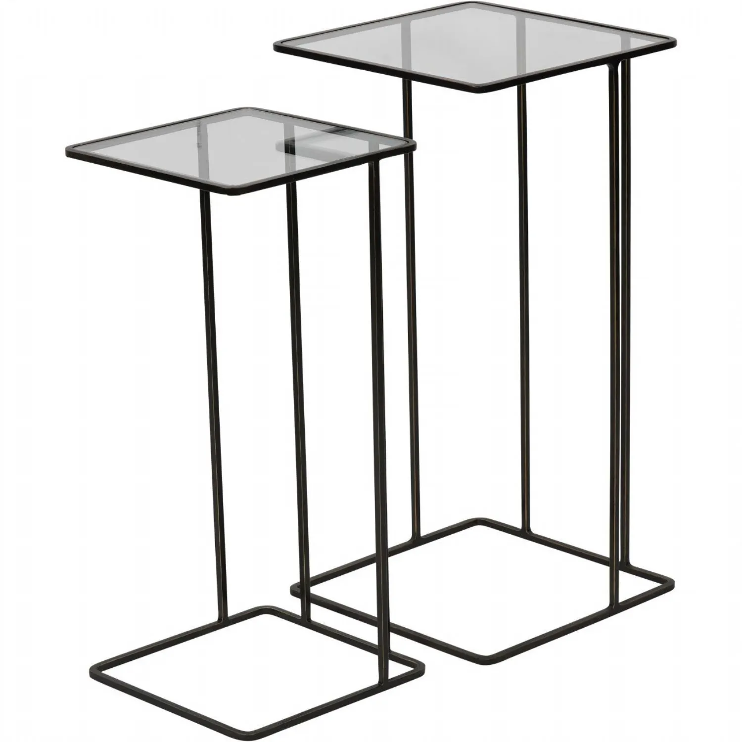 Nest of 2 Clear Glass and Dark Bronze Metal Frame Side Tables