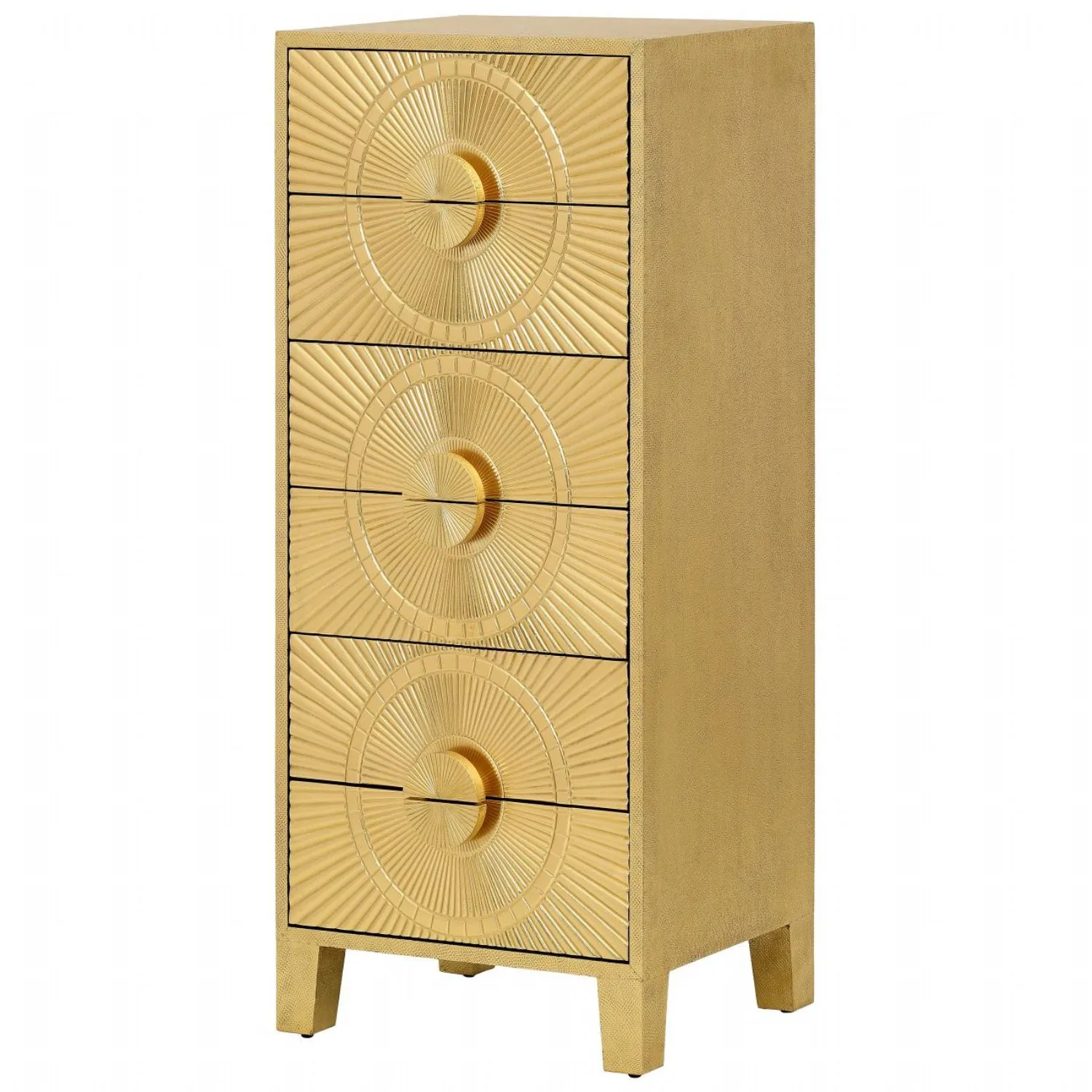 Gold Embossed Metal Tall Boy Chest of 6 Drawers