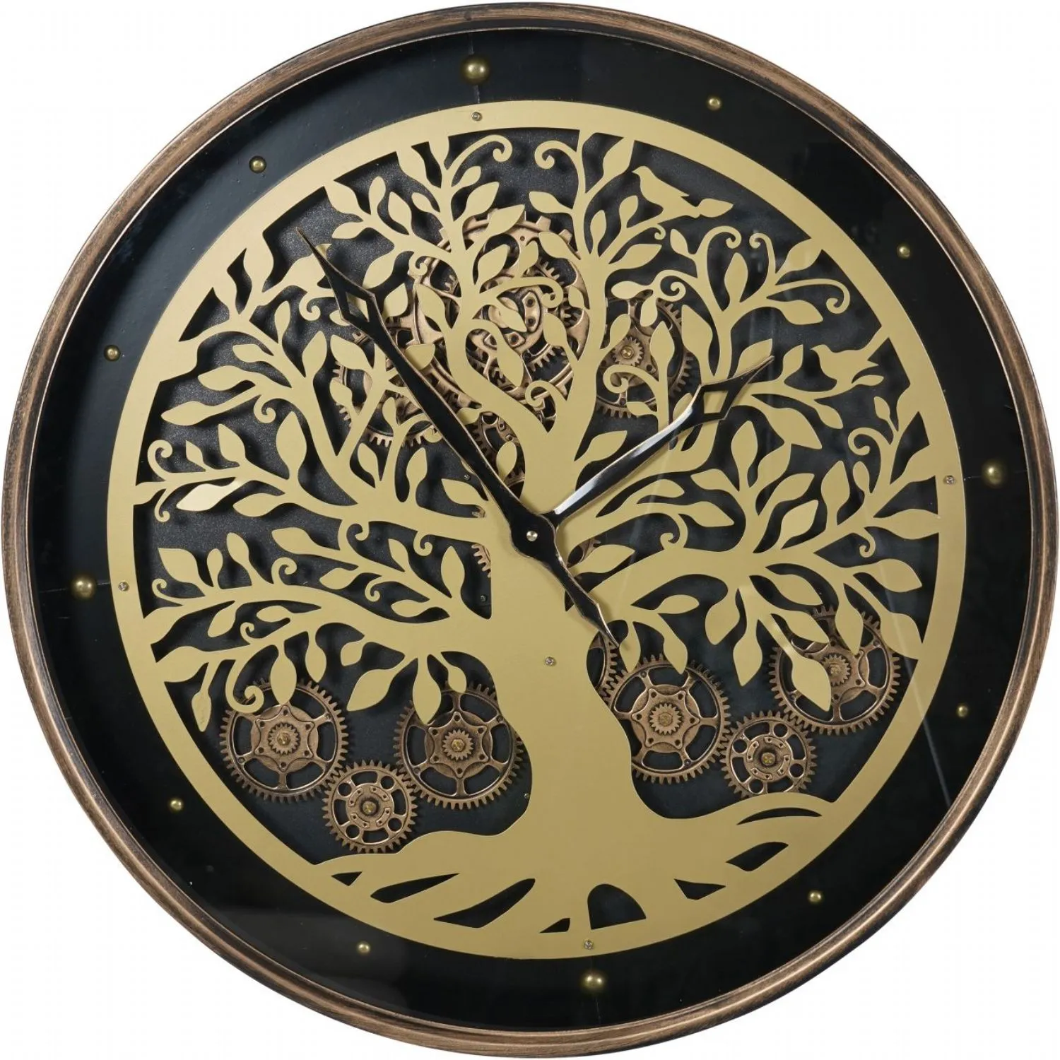 Small Black Metal Wall Clock with Gold Tree Design 60cm