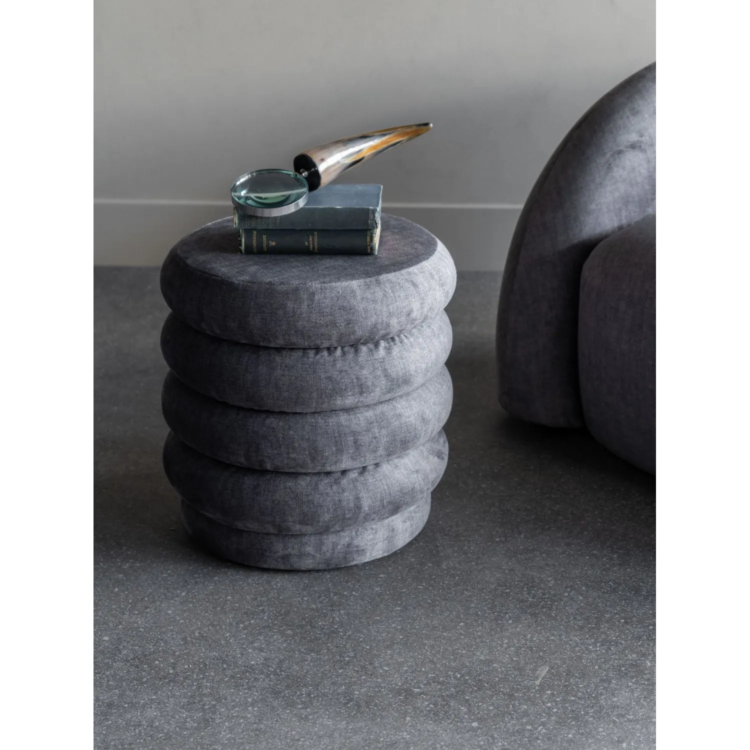 Grey Fabric Stool with 4 Padded Bands and Base