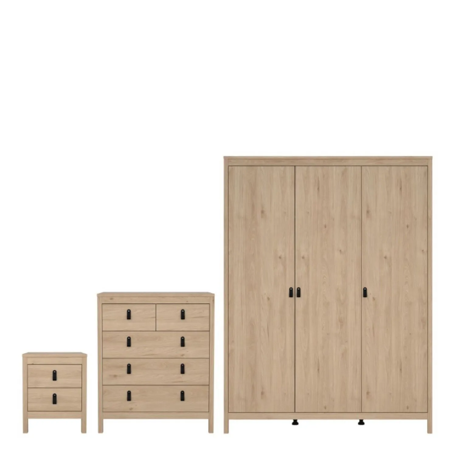 Barcelona Package Bedside Table 2 Drawers + Chest 5 Drawer + 2 Door Wardrobe in Jackson Hickory Oak