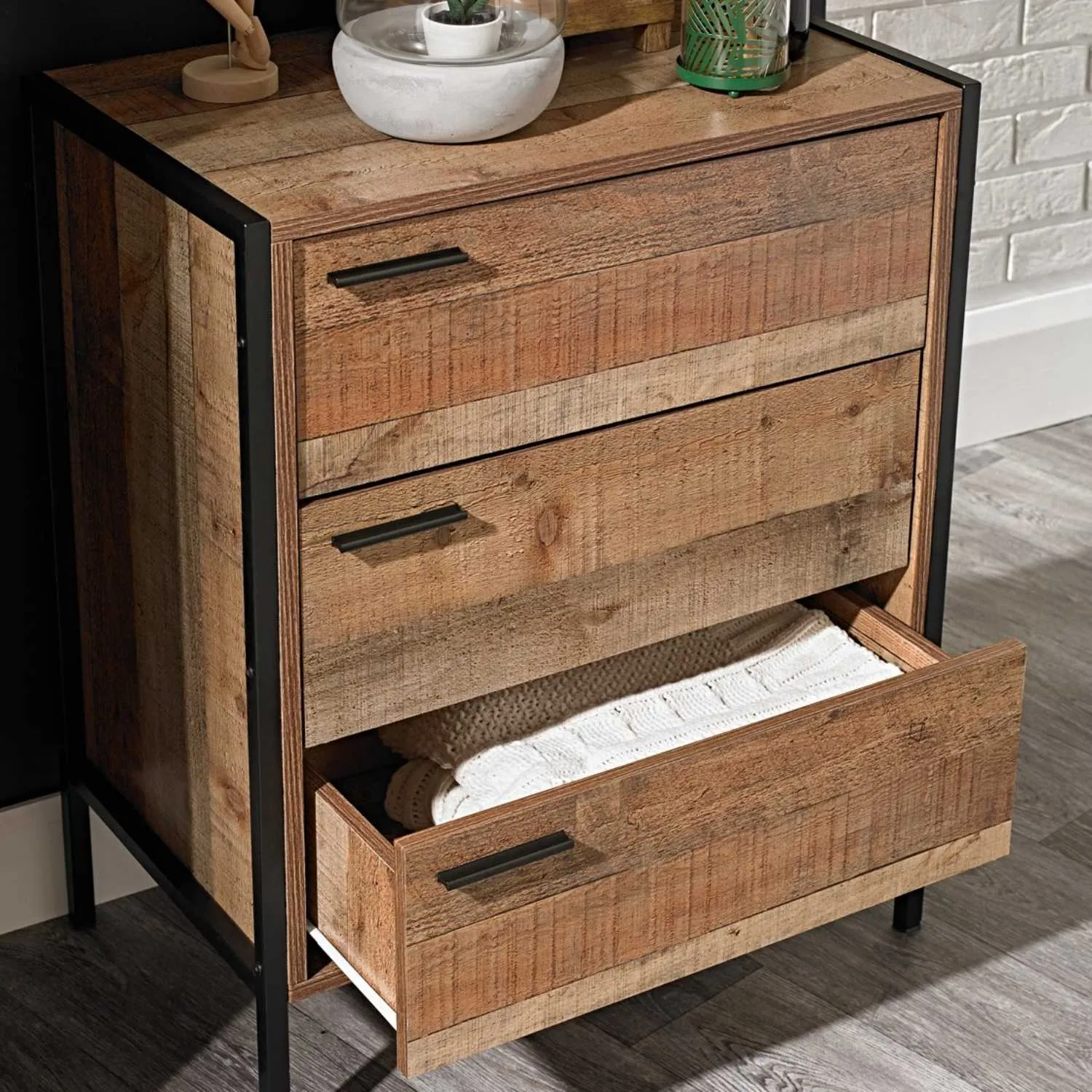 Hoxton 3 Drawer Chest Distressed Oak Effect