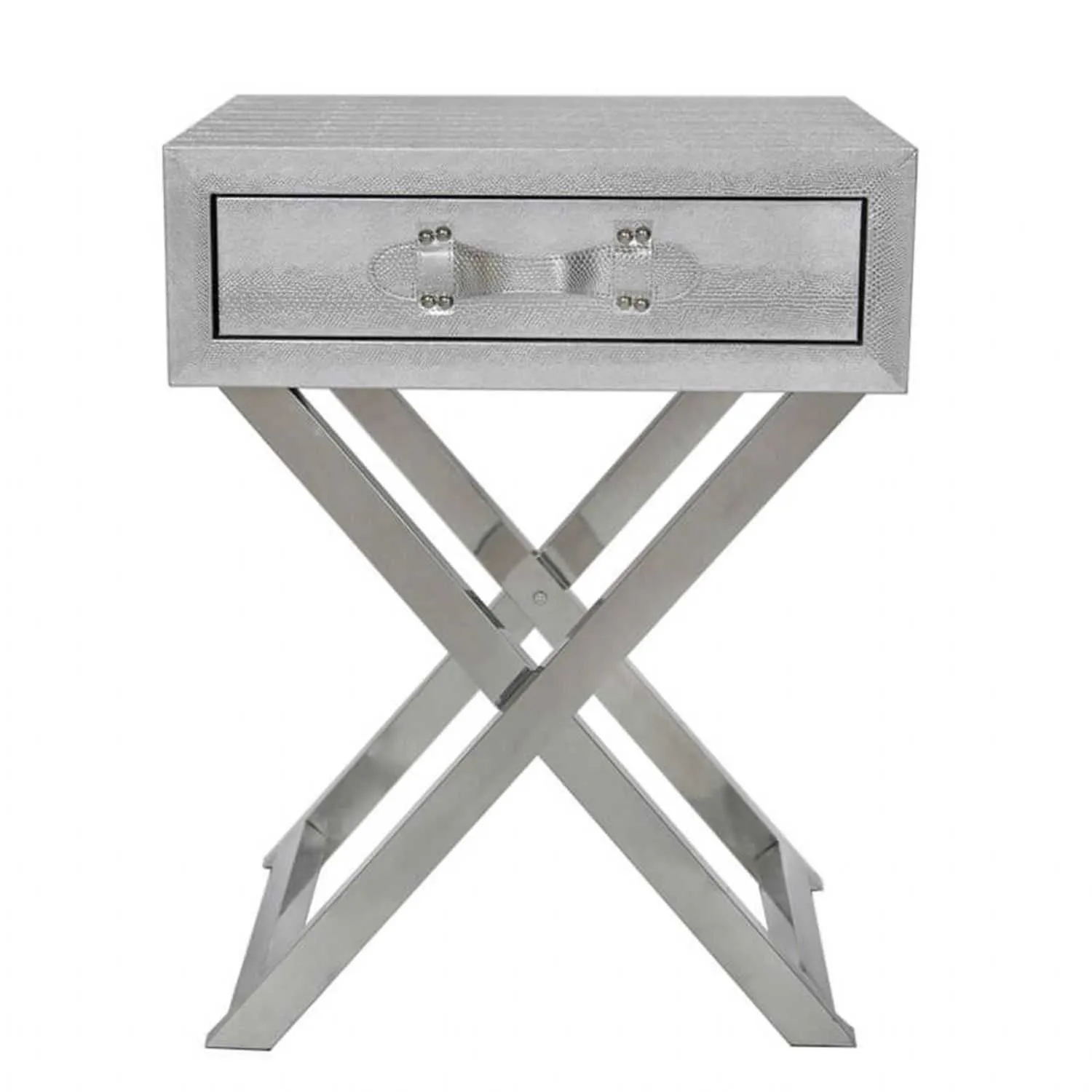 1 Drawer Faux Leather Snake End Table With Belt Handle Silver
