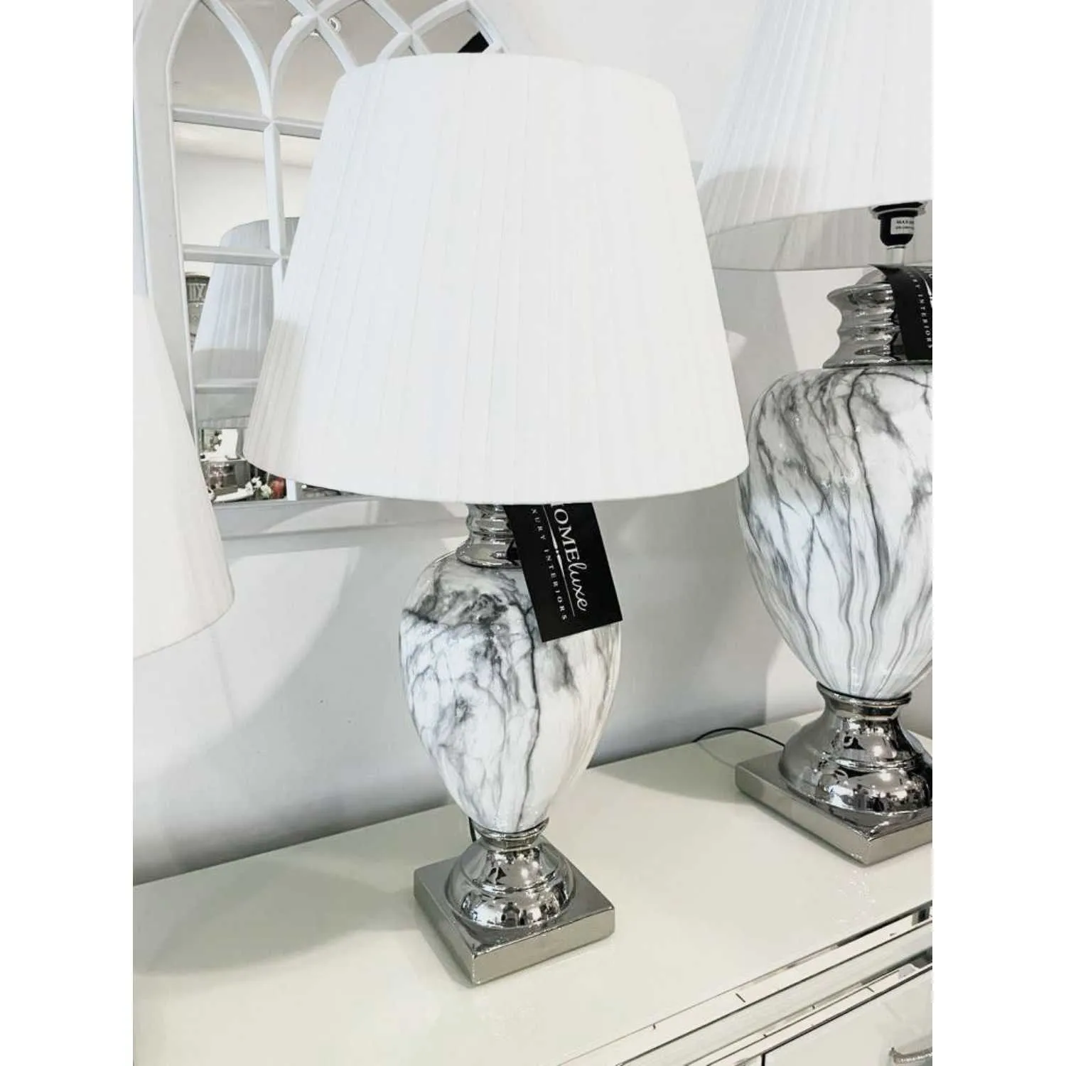 Marble Effect Table Lamp With White Round Shade Large