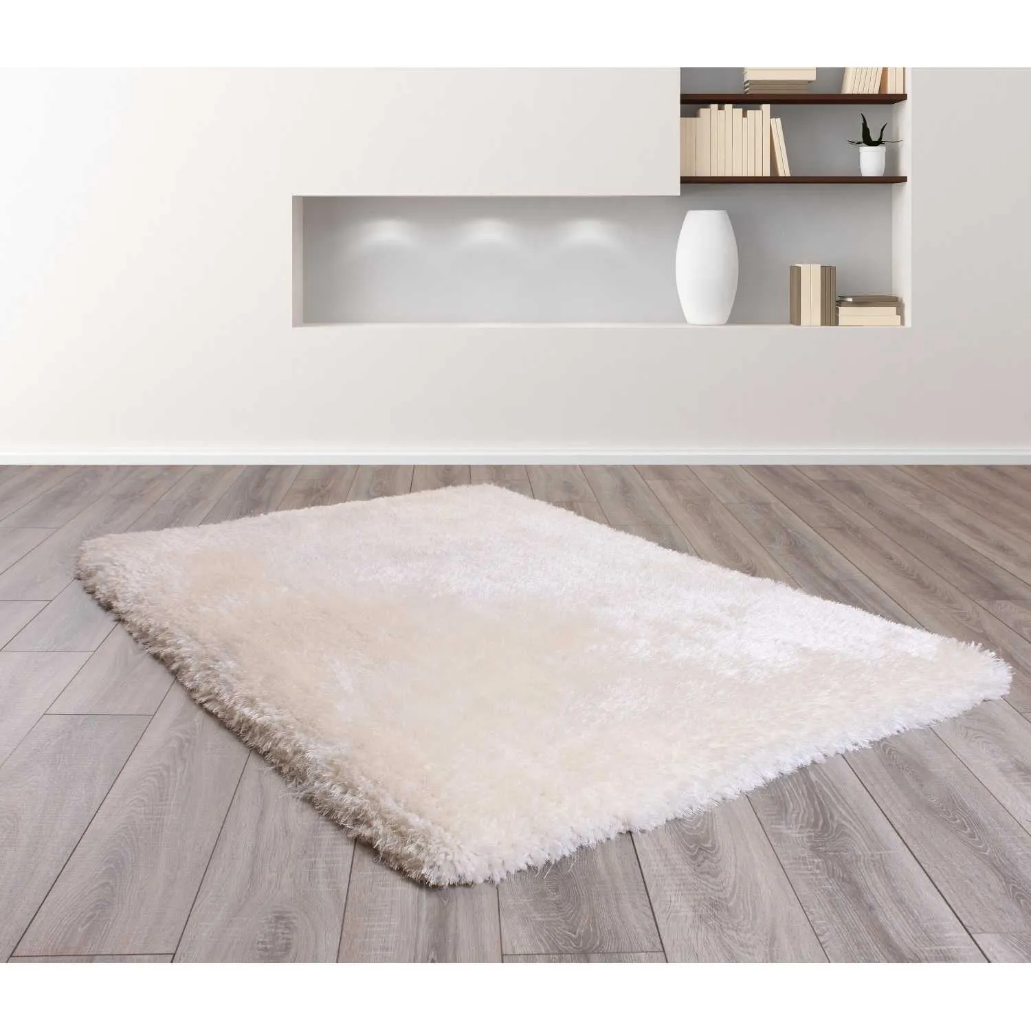 Mayfair Plain Ivory White Modern Style Polyester Shaggy Rug 120 x 170cm