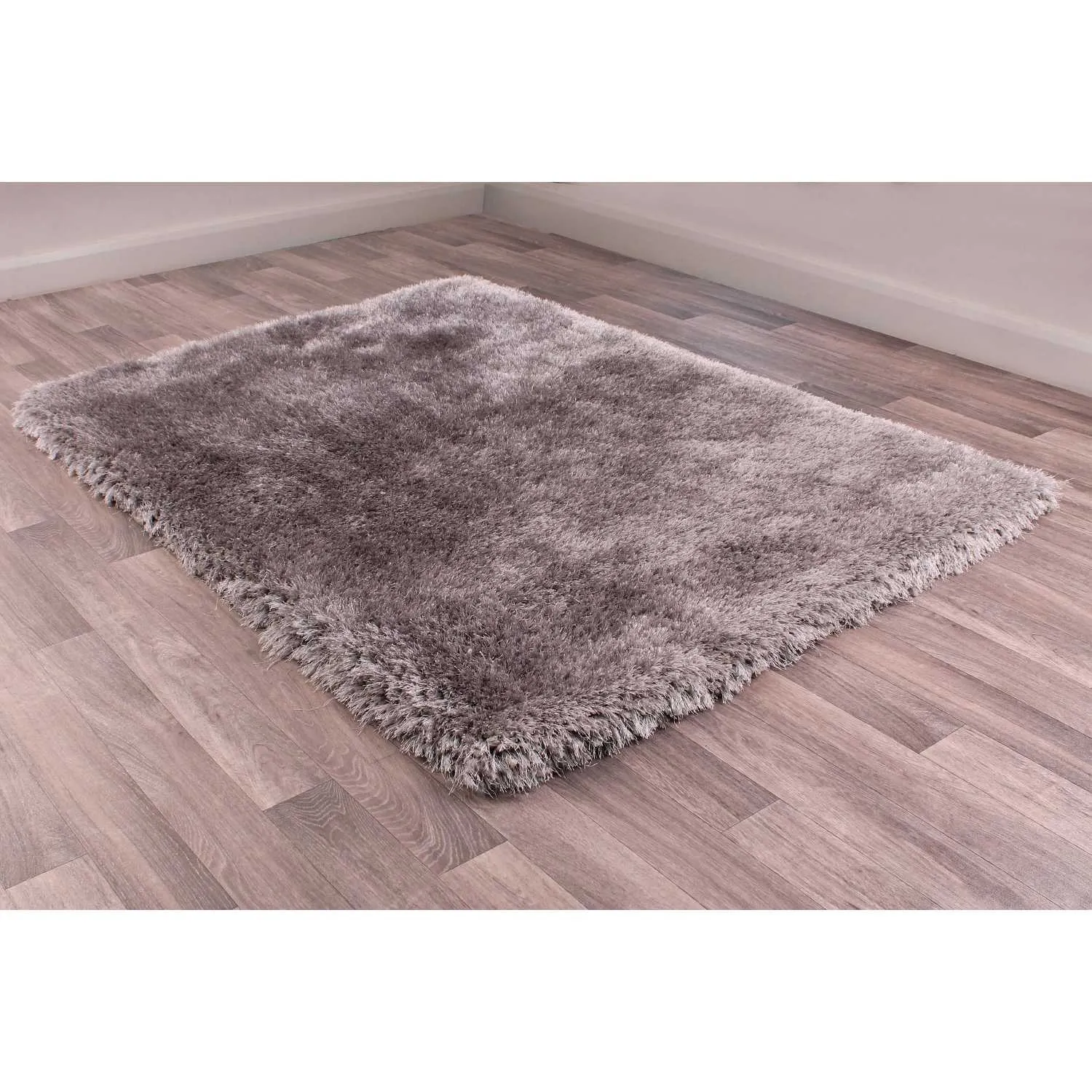 Modern Mayfair Plain Silver Polyester Shaggy Hand Made Rectangular Floor Rug 160x230cm